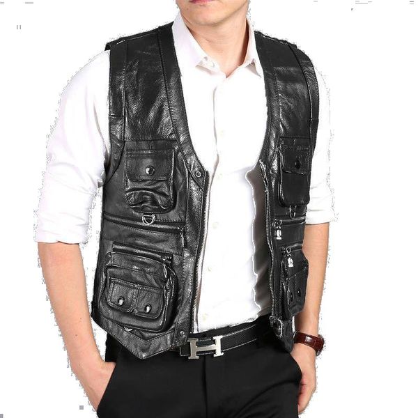 men's vests cowhide genuine leather vest men brown waistcoat male sleeveless jacket thick motorcycle plus size multi pocket zipper, Black;white 
men's vests cowhide genuine leather vest men brown waistcoat male sleeveless jacket thick motorcycle plus size multi pocket zipper, Black;white
