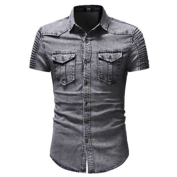 summer denim shirt men's european style short-sleeved personality stitching pleated sleeves casual shirts, White;black
summer denim shirt men's european style short-sleeved personality stitching pleated sleeves casual shirts, White;black