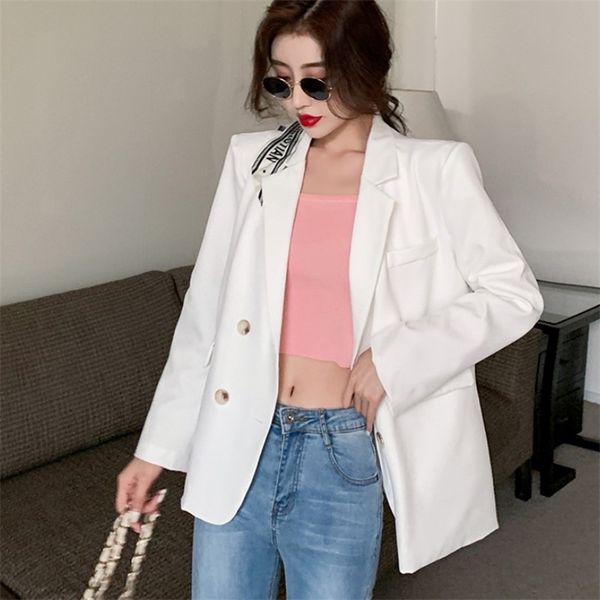 women fashion casual double breasted white blazer coat vintage notched long sleeve female outerwear chic 210519, White;black
women fashion casual double breasted white blazer coat vintage notched long sleeve female outerwear chic 210519, White;black