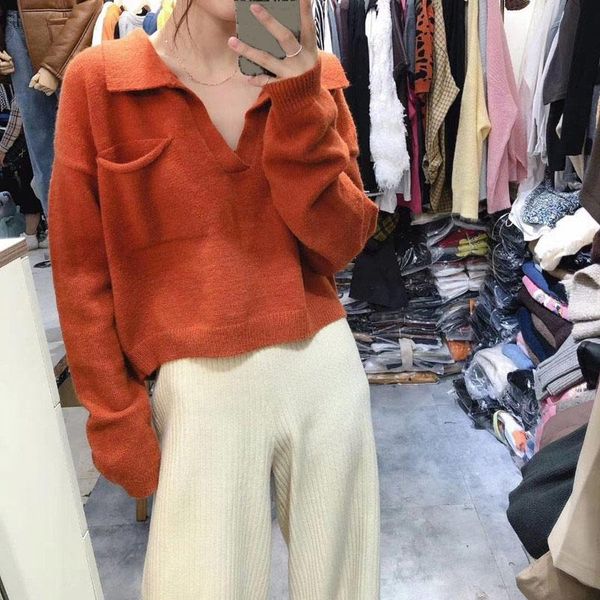 women's sweaters solid pullover sweater casual turn-down collar long sleeve pocket short loose female autumn 2021 fashion, White;black
women's sweaters solid pullover sweater casual turn-down collar long sleeve pocket short loose female autumn 2021 fashion, White;black