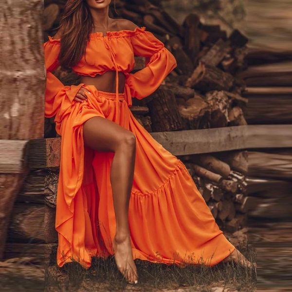 work dresses women summer two piece set off shoulder ruffle crop suits fashion gradient long skirt see-through sleeve outfits, White;black
work dresses women summer two piece set off shoulder ruffle crop suits fashion gradient long skirt see-through sleeve outfits, White;black