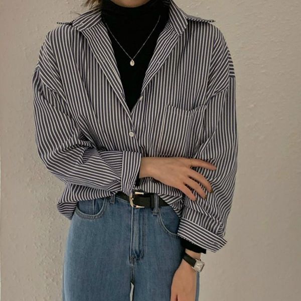 women's blouses & shirts 2021 autumn spring leisure striped long-sleeve shirt lapel loose toos for women fashion korean retro, White
women's blouses & shirts 2021 autumn spring leisure striped long-sleeve shirt lapel loose toos for women fashion korean retro, White