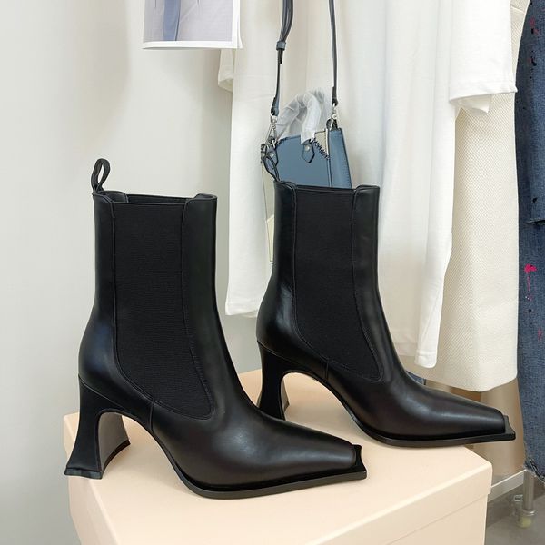 winter new high heels short boots women mid-calf combat boots genuine leather slip-on designer shoes round toe botas femininas, Black
winter new high heels short boots women mid-calf combat boots genuine leather slip-on designer shoes round toe botas femininas, Black