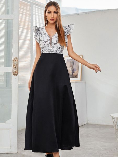 floral print contrast mesh ruffle trim dress m1sv#, Black;gray
floral print contrast mesh ruffle trim dress m1sv#, Black;gray