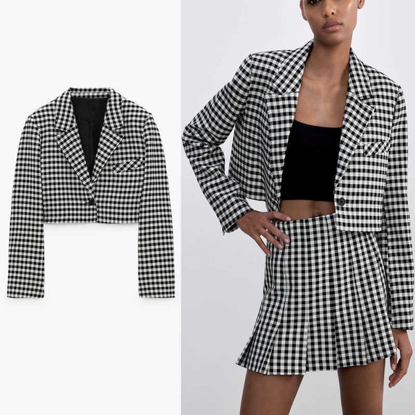 za plaid cropped blazer women vintage long sleeve shoulder pads gingham blazers coat woman single button outerwear 210602, White;black
za plaid cropped blazer women vintage long sleeve shoulder pads gingham blazers coat woman single button outerwear 210602, White;black
