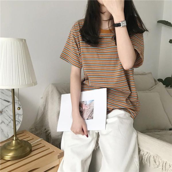 women's t-shirt summer striped short sleeve women lazy all-match simple chic soft tee korean style loose vogue o neck female to, White
women's t-shirt summer striped short sleeve women lazy all-match simple chic soft tee korean style loose vogue o neck female to, White