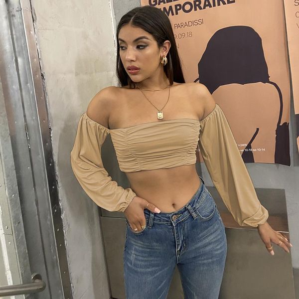 women's t-shirt 2021 design good quality factory price fashion selling navel long sleeve one-neck top, White
women's t-shirt 2021 design good quality factory price fashion selling navel long sleeve one-neck top, White