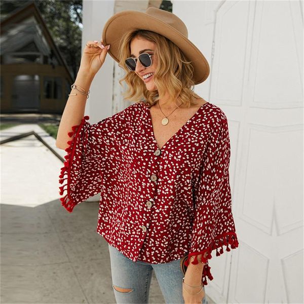 women's blouses & shirts 2021 summer print blouse women flare sleeve casual button v neck tassel shirt top, White
women's blouses & shirts 2021 summer print blouse women flare sleeve casual button v neck tassel shirt top, White