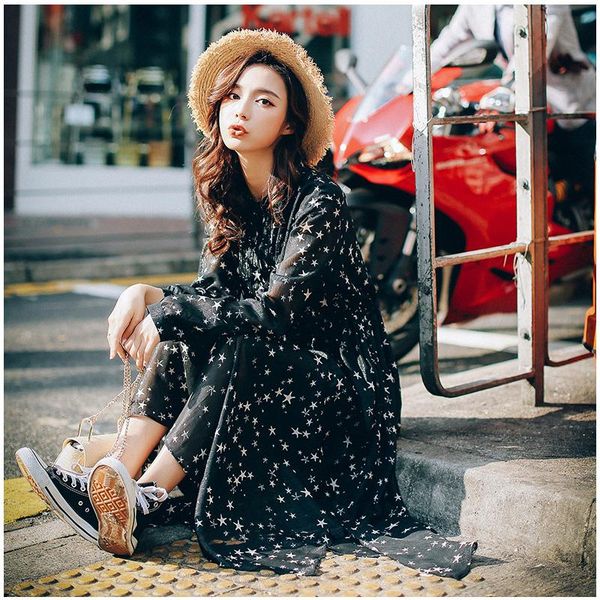 casual dresses streetwear 2021 spring summer female print fashion black long dress women sleeve star chiffon slim vestidos, Black;gray
casual dresses streetwear 2021 spring summer female print fashion black long dress women sleeve star chiffon slim vestidos, Black;gray
