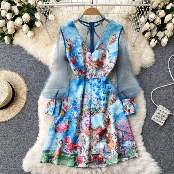 casual dresses 2021 women's vintage print angle mesh puff sleeve blue short dress autumn standing collar long mini party, Black;gray
casual dresses 2021 women's vintage print angle mesh puff sleeve blue short dress autumn standing collar long mini party, Black;gray