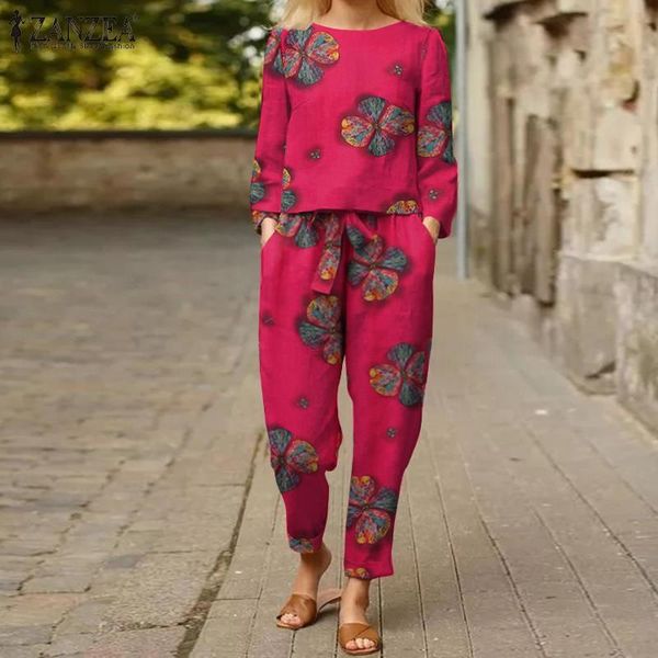 women's two piece pants 2pcs women casual printed sets 2022 vintage long sleeve blouses and harem female floral elastic waist tr, White 
women's two piece pants 2pcs women casual printed sets 2022 vintage long sleeve blouses and harem female floral elastic waist tr, White