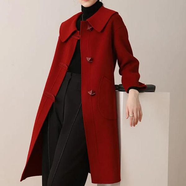 women's wool & blends fashion and chic button red woolen coat women fall winter double-sided cashmere mid-length 2021 outerwear, Black
women's wool & blends fashion and chic button red woolen coat women fall winter double-sided cashmere mid-length 2021 outerwear, Black