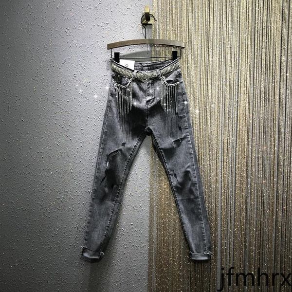 women's jeans european grey woman 2021 spring high-waist slim-fit rhinestone tassel pockets ripped denim pencil pants, Blue
women's jeans european grey woman 2021 spring high-waist slim-fit rhinestone tassel pockets ripped denim pencil pants, Blue