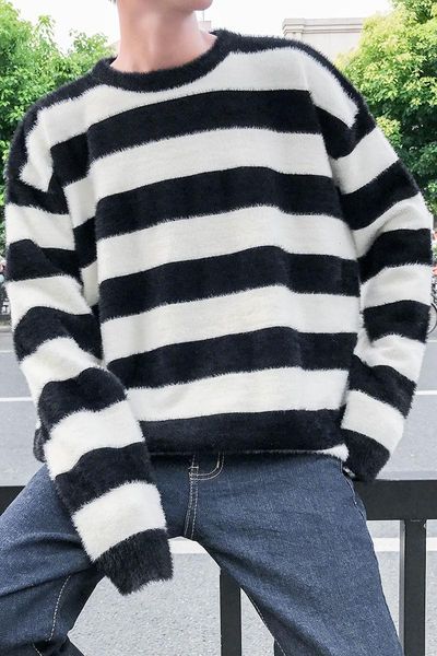 men's sweaters men sweater mohair knitwear large loose women's clothing breathable couples 2021 spring autumn stripe college fashi, White;black
men's sweaters men sweater mohair knitwear large loose women's clothing breathable couples 2021 spring autumn stripe college fashi, White;black