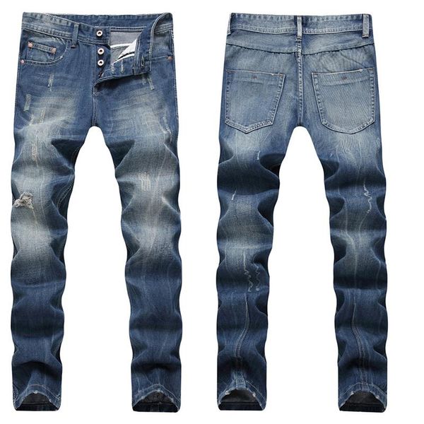 men's jeans fall torn distressed straight slim-fit painted printing stretch motorcycle brand trousers spring and, Blue 
men's jeans fall torn distressed straight slim-fit painted printing stretch motorcycle brand trousers spring and, Blue