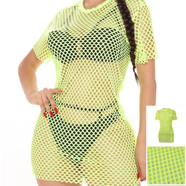 neon green mesh fishing net sheer mini dress women cover up see through short sleeve t-shirt loose beach summer women's swimwear, White;black
neon green mesh fishing net sheer mini dress women cover up see through short sleeve t-shirt loose beach summer women's swimwear, White;black