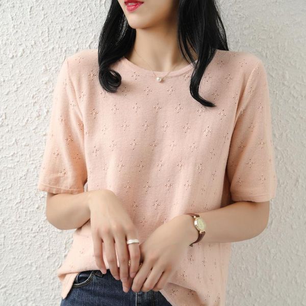 women's t-shirt summer thin round neck knitted short-sleeved 100% cotton loose all-match bottoming shirt solid color hollow top, White
women's t-shirt summer thin round neck knitted short-sleeved 100% cotton loose all-match bottoming shirt solid color hollow top, White