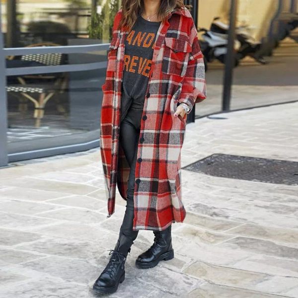 women's wool & blends fashion long plaid coat autumn shirt lapel streetwear women clothing loose female casual jacket, Black
women's wool & blends fashion long plaid coat autumn shirt lapel streetwear women clothing loose female casual jacket, Black