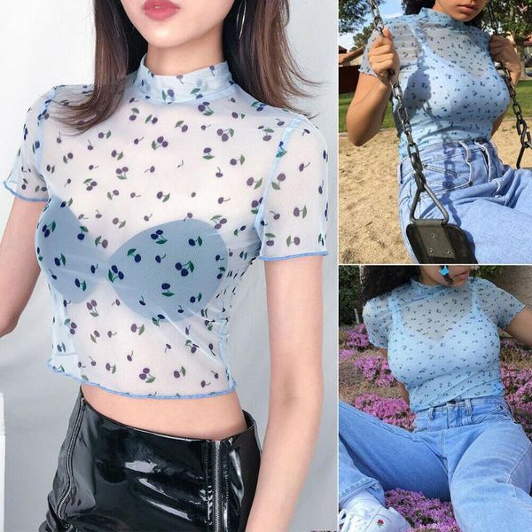 women's t-shirt fashion women see-through sheer mesh see through crop cute cherry printed female summer blue short tee shirt, White
women's t-shirt fashion women see-through sheer mesh see through crop cute cherry printed female summer blue short tee shirt, White