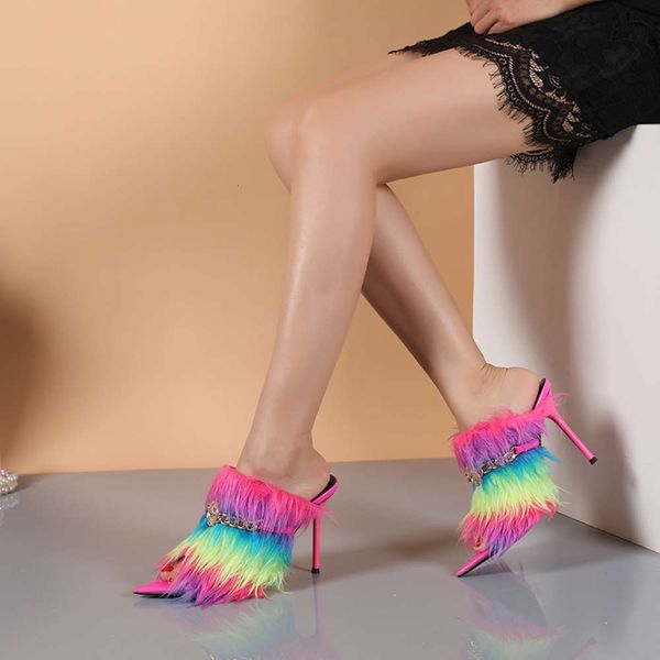 high heels women's personality rainbow ffy metal buckle sandals thin heel back empty, Black
high heels women's personality rainbow ffy metal buckle sandals thin heel back empty, Black