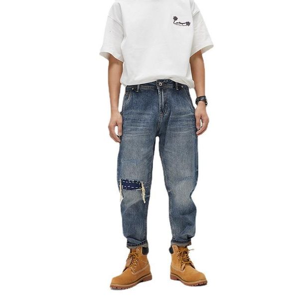 men's jeans fashion hi street hip hop joggers loose fit harem denim trousers for male streetwear distressed pants with patchwork, Blue
men's jeans fashion hi street hip hop joggers loose fit harem denim trousers for male streetwear distressed pants with patchwork, Blue