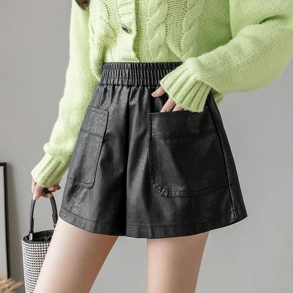 black leather pu short for women 2021 fashion high autumn and winter a-line loose pockets solid casual elastic waist ladies 0850 women', White;black
black leather pu short for women 2021 fashion high autumn and winter a-line loose pockets solid casual elastic waist ladies 0850 women', White;black