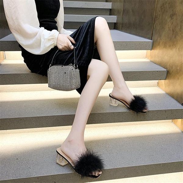 women's shoes 2021 one-word fur sandals crystal thick heel net red summer fashion outer wear half slippers, Black
women's shoes 2021 one-word fur sandals crystal thick heel net red summer fashion outer wear half slippers, Black