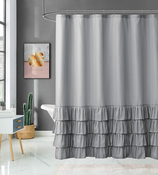 shower curtain fabric/ruffle for bathroom with hooks, grey 72x72 inch