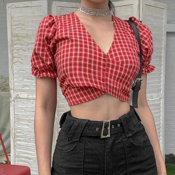 women's t-shirt lace up short sleeve v-neck wrap basic jacket plaid exposed navel, White
women's t-shirt lace up short sleeve v-neck wrap basic jacket plaid exposed navel, White