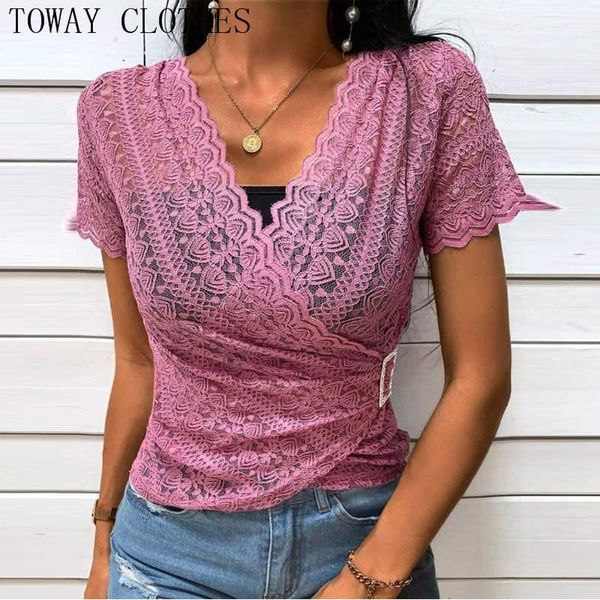 women's blouses & shirts women short sleeve v neck rhinestone square buckle wave trim lace wrap shirt blouse, White
women's blouses & shirts women short sleeve v neck rhinestone square buckle wave trim lace wrap shirt blouse, White