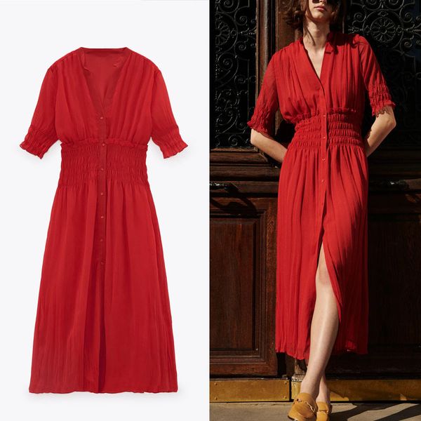 za 2021 red chiffon summer dress women short puff sleeve elastic waist vintage midi dresses woman button up lining party dress, Black;gray
za 2021 red chiffon summer dress women short puff sleeve elastic waist vintage midi dresses woman button up lining party dress, Black;gray