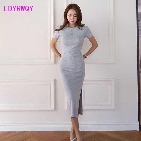 

summer korean style slim casual knit split sleeve hip dres knee-length office lady knitting cotton 210603, Black;gray