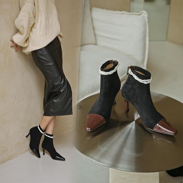 boots patent leather women shoes pearl string bead ankle zip pointed toe flock zapatos de mujer british style, Black
boots patent leather women shoes pearl string bead ankle zip pointed toe flock zapatos de mujer british style, Black