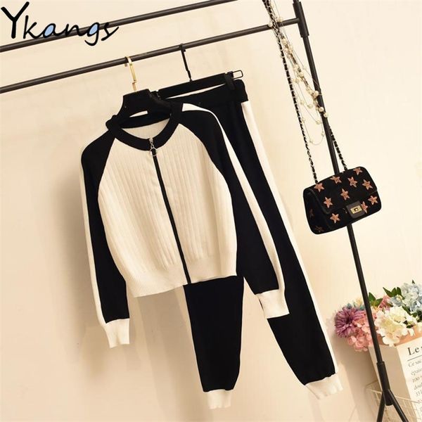 women's knitted 2 piece set zipper cardigan sweater + stretch knit sweatpants black white tracksuit joggers sports suit 210421
women's knitted 2 piece set zipper cardigan sweater + stretch knit sweatpants black white tracksuit joggers sports suit 210421