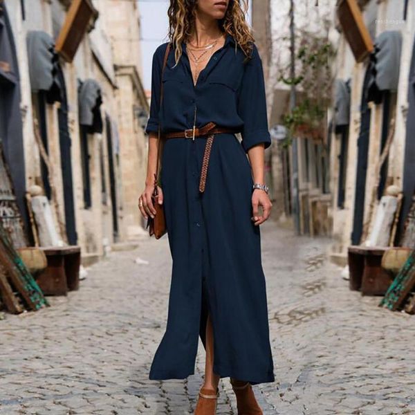 casual dresses women's solid color long dress with belt sleeve single-breasted capel collar chiffon vestidos mujer verano, Black;gray
casual dresses women's solid color long dress with belt sleeve single-breasted capel collar chiffon vestidos mujer verano, Black;gray