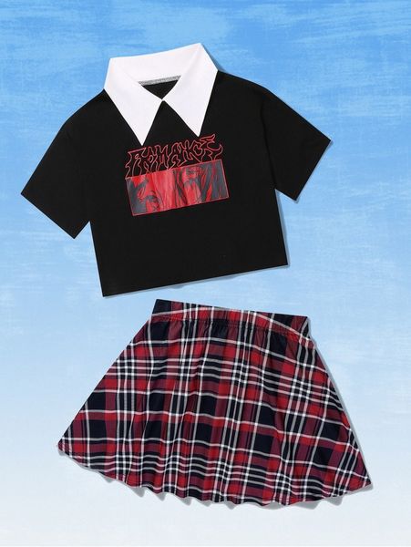 romwe x aak figure graphic contrast collar crop tee & plaid skirt x8zu#, White
romwe x aak figure graphic contrast collar crop tee & plaid skirt x8zu#, White