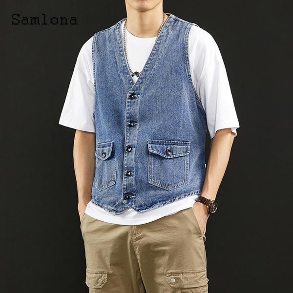 men's vests samlona men denim jackets sleeveless jean kpop style 2021 single breasted vest coats blue mens fashion casual short jeans j, Black;white
men's vests samlona men denim jackets sleeveless jean kpop style 2021 single breasted vest coats blue mens fashion casual short jeans j, Black;white