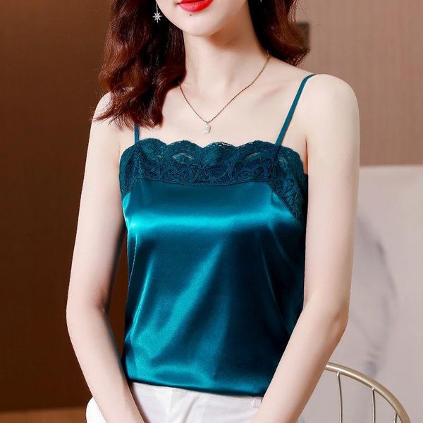 women's tanks & camis 2021 spring and summer camisole inner satin plus size sleeveless blouse lace outer wear loose to cover the belly, White 
women's tanks & camis 2021 spring and summer camisole inner satin plus size sleeveless blouse lace outer wear loose to cover the belly, White