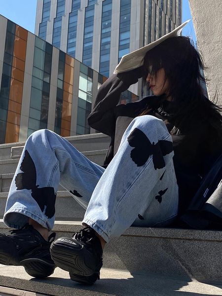 women's jeans 2021 summer butterfly print street retro washed women loose high waist straight wide legs casual harajuku pants, Blue
women's jeans 2021 summer butterfly print street retro washed women loose high waist straight wide legs casual harajuku pants, Blue