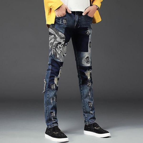 men's jeans fashion quality ripped embroidered straight leg pants personality patch printed trendy men, Blue
men's jeans fashion quality ripped embroidered straight leg pants personality patch printed trendy men, Blue