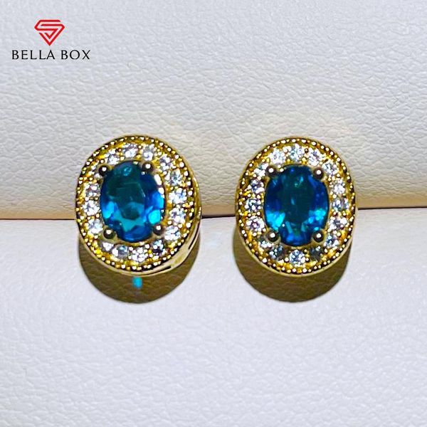 stud bella box 925 sterling silver stub earrings for charm lady with oval shape sapphire gemstones wedding party gift trendy, Golden;silver