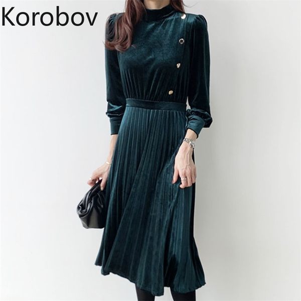 korobov autumn winter new velvet dress korean office lady dresses vintage button stand collar elegant pleated vestidos 210430, Black;gray
korobov autumn winter new velvet dress korean office lady dresses vintage button stand collar elegant pleated vestidos 210430, Black;gray
