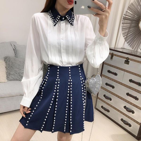 two piece dress 2021 korea fashion women skirt set elegant beading long sleeve shirt+ mini h207, White
two piece dress 2021 korea fashion women skirt set elegant beading long sleeve shirt+ mini h207, White