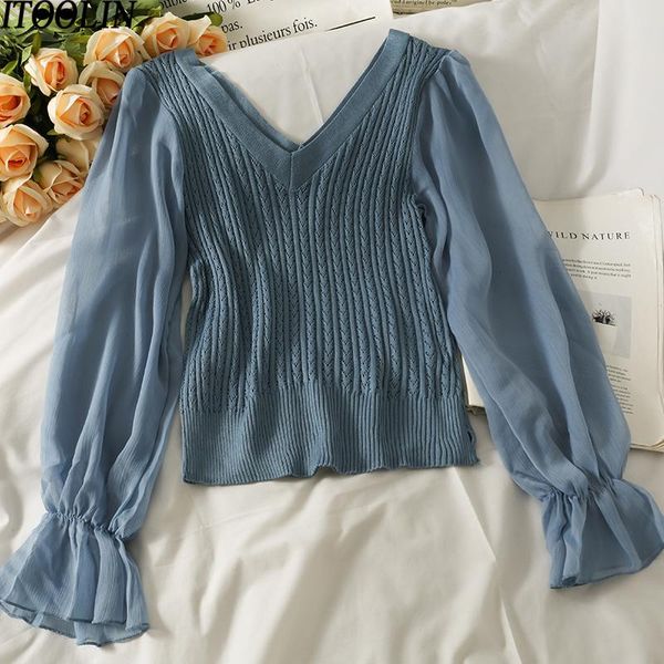 women's blouses & shirts itoolin 2021 thin chiffon soft patchwork casual office lady crop blouse trumpet sleeve sweater v-neck women au, White
women's blouses & shirts itoolin 2021 thin chiffon soft patchwork casual office lady crop blouse trumpet sleeve sweater v-neck women au, White