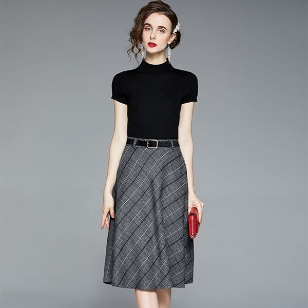 spring summer women fashion black turtleneck knitted + hight waist plaid a line skirt casual two piece set whit belt 210514, White
spring summer women fashion black turtleneck knitted + hight waist plaid a line skirt casual two piece set whit belt 210514, White
