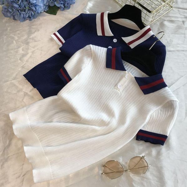 women's t-shirt korean style striped turn-down collar short sleeve knitted casual slim knitwear preppy summer tee, White
women's t-shirt korean style striped turn-down collar short sleeve knitted casual slim knitwear preppy summer tee, White