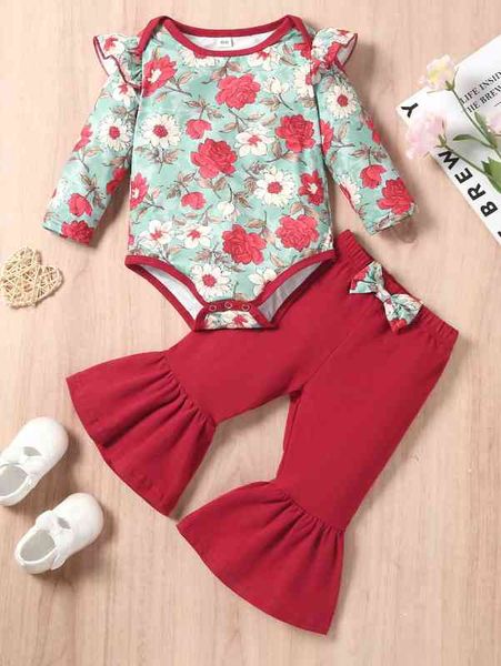 baby floral print bodysuit & bow front flare leg pants she, White