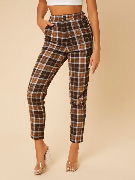 petite high waisted plaid print cropped pants n89k#, Black;white
petite high waisted plaid print cropped pants n89k#, Black;white