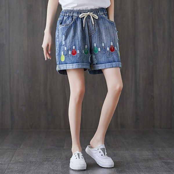 women's jeans literary retro light bulb embroidery denim shorts female high elastic waist crimping summer beach straight pants ripped, Blue
women's jeans literary retro light bulb embroidery denim shorts female high elastic waist crimping summer beach straight pants ripped, Blue