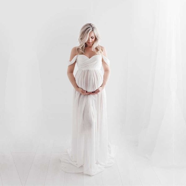 slip strap maternity chiffon long dresses slit open front maternity long dresses for p shooting pregnancy chiffon maxi dress y0924, White